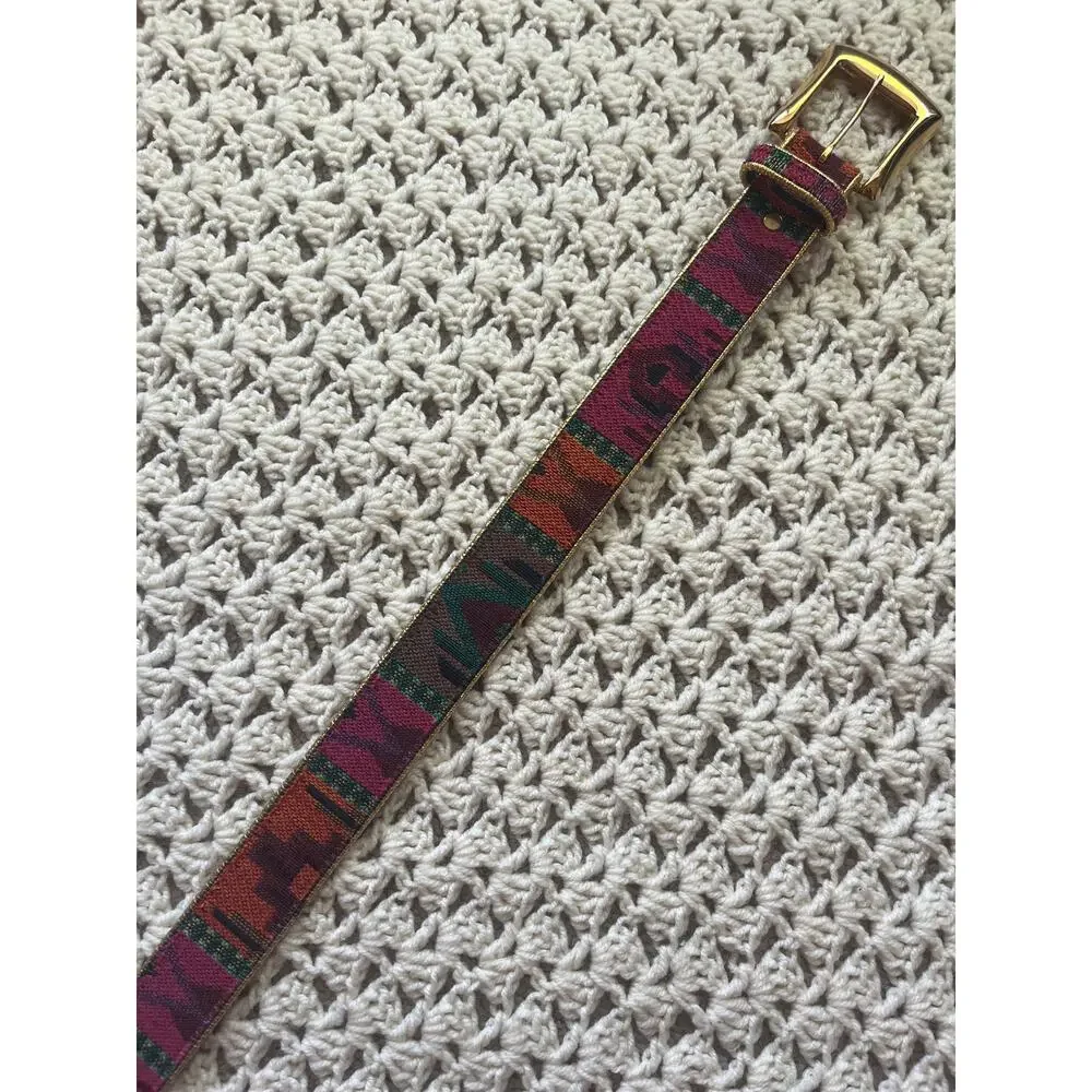 Vintage 90s Woven and Leather Belt Gold Buckle Southwest Aztec Size Large